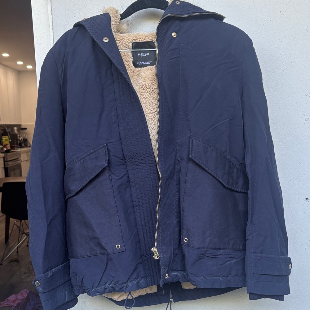 Mango Dark Blue Hooded Jacket with Faux Fur